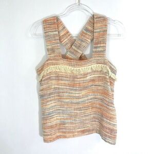 Lilla P Top Women Medium Orange Tweed Tank Wide Cross Straps‎ NWT Fringe Detail